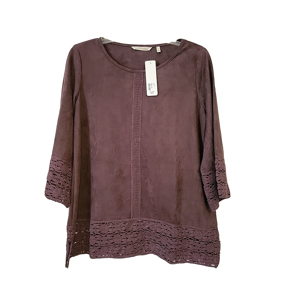 Soft Surroundings Susina Faux Suede Top Crochet Lace Trim Plum Purple SM NWT